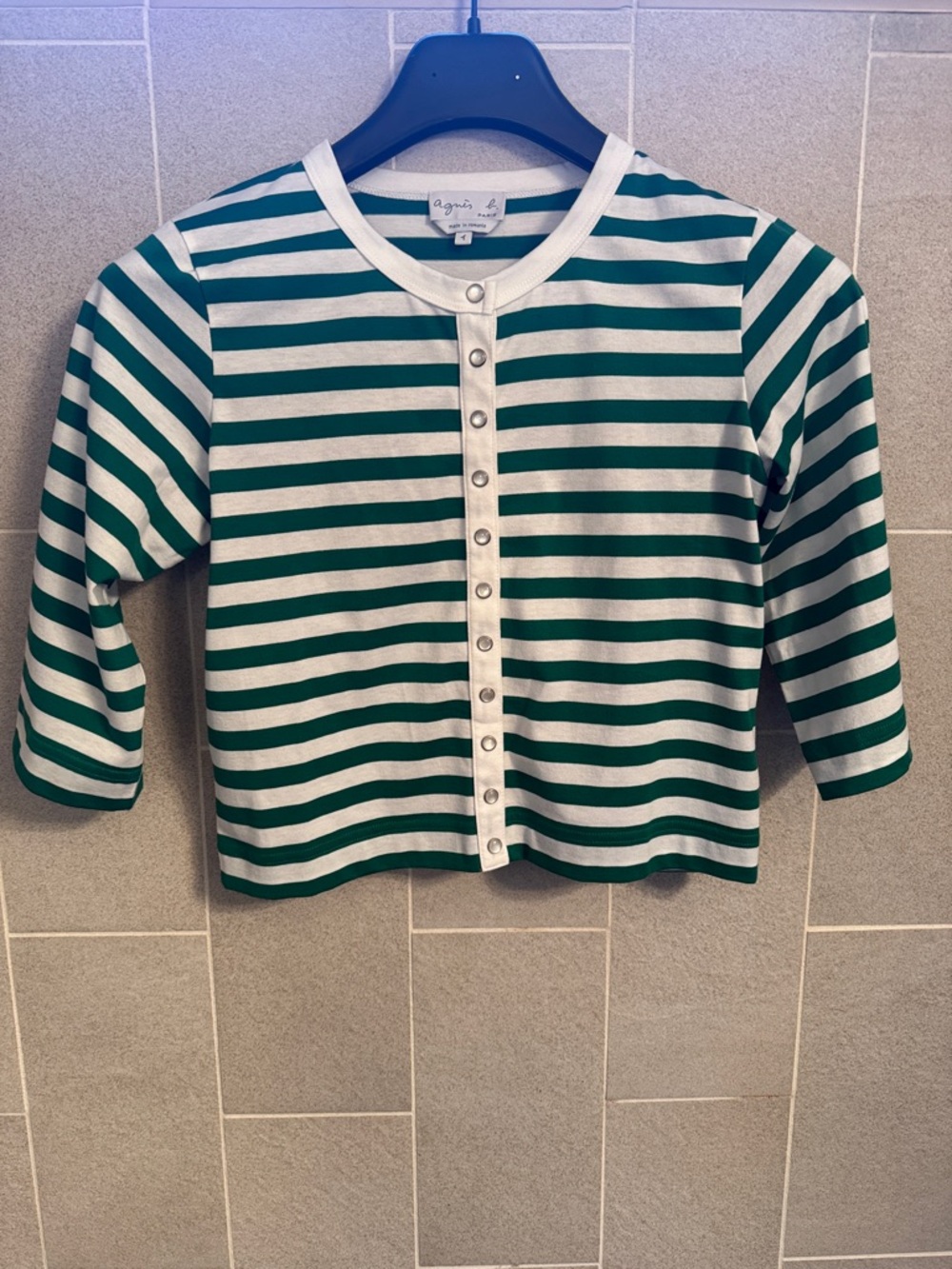 Agnes B. Green & White Striped Snap-Front Top